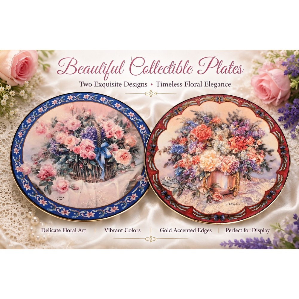 Set Of 2 W.L. George Collectors Plates By Lena Liu Floral Gold Accents 8"